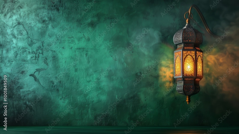 Hanging lamp with warm light on green wall . Hanging lamp with warm light on green wall .
