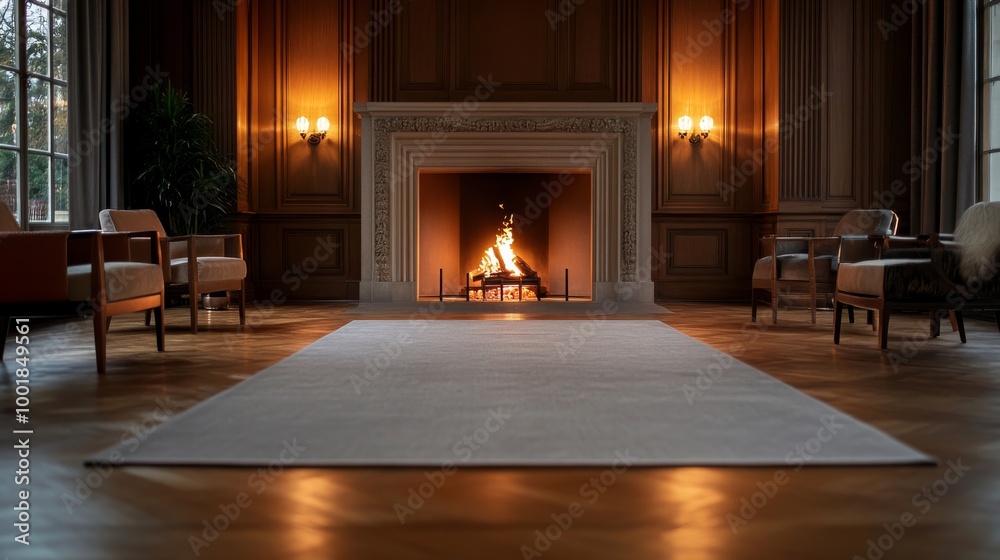 A grand fireplace with a detailed stone mantle warmly illuminates the room, surrounded by stylish armchairs and a soft rug, creating a welcoming atmosphere for relaxation A grand fireplace with a detailed stone mantle warmly illuminates the room, surrounded by stylish armchairs and a soft rug, creating a welcoming atmosphere for relaxation