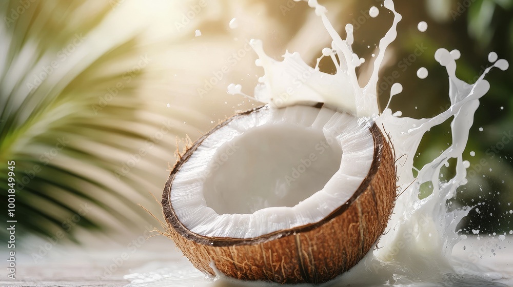 Coconut with milk splashes on tropical background Coconut with milk splashes on tropical background