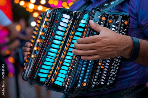 Accordion being played at a street festival, with vibrant colors in the background, and the musician's hands expertly squeezing and pressing the keys photo