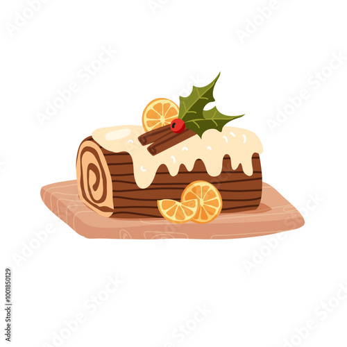 Yule Log Christmas dessert cake icon. Traditional french roulade decorated with chocolate cream, whipped frosting, icing and Xmas holly berries. Isolated vector illustration