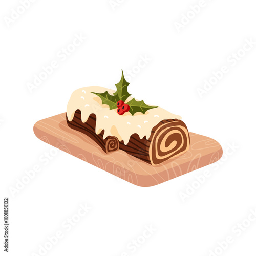 Yule Log Christmas dessert cake icon. Traditional french roulade decorated with chocolate cream, whipped frosting, icing and Xmas holly berries. Isolated vector illustration