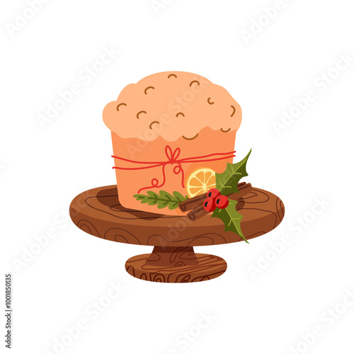 Italian panettone cupcake decorating with leaves, holly, orange and cranberries on a wooden stand. Vector illustration isolated on white background