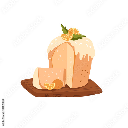 Italian panettone cupcake decorating with leaves, holly, orange and cranberries on a wooden stand. Vector illustration isolated on white background
