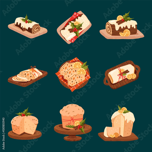 Stollen, Italian panettone end  Yule Log Christmas dessert cake icon on a wooden stand. Traditional german  end american pastry for christmas, advent time. 