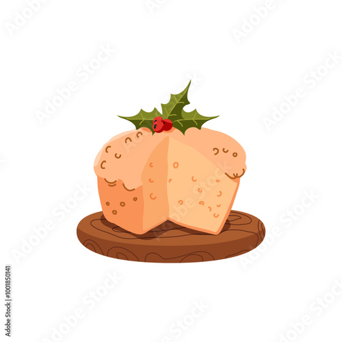 Italian panettone cupcake decorating with leaves, holly, orange and cranberries on a wooden stand. Vector illustration isolated on white background