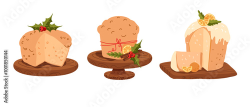 Italian panettone cupcake decorating with leaves, holly, orange and cranberries on a wooden stand. 
Traditional christmas panettone with christmas tree branches,  and christmas ball.  