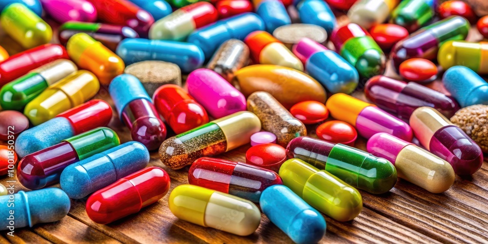 Various Pills and Capsules on a Wooden Surface for Health and Medication Concepts and Themes Various Pills and Capsules on a Wooden Surface for Health and Medication Concepts and Themes