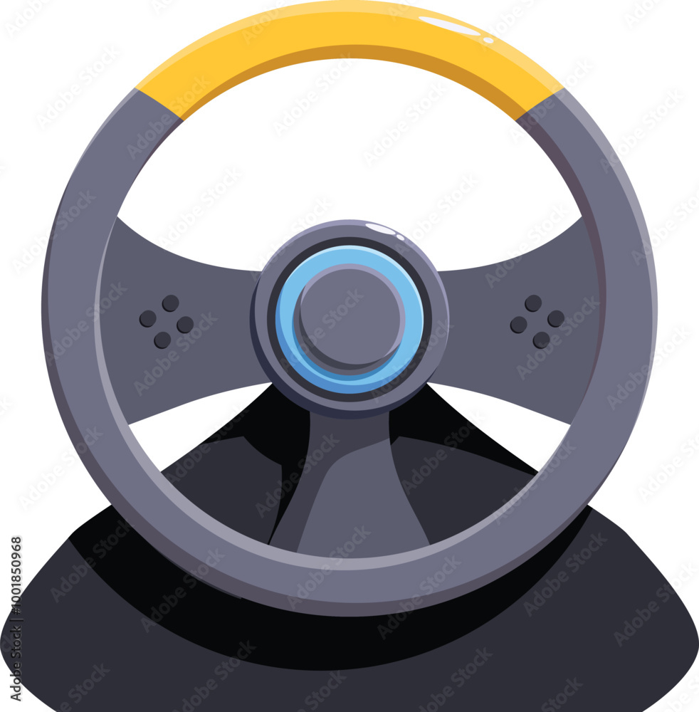 Obraz premium Modern racing steering wheel with yellow inserts, designed for immersive driving simulation games