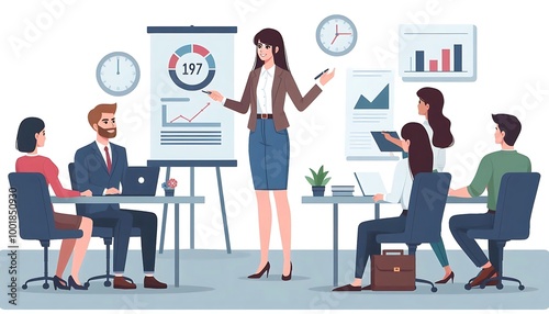 consultant giving a presentation to clients in a conference room in flat design illustration isolated on white