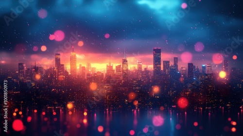 Blurred city lights at night background with bokeh effects in a vibrant color scheme 