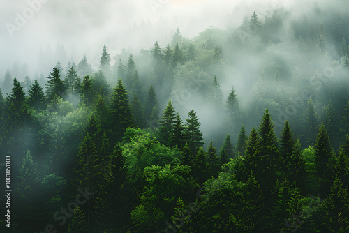 Mystical misty forest landscape with tall trees in foggy morning, top view. Nature background with green coniferous tree foliage in smoke and sunlight. Mist over the dense mountain woods. 