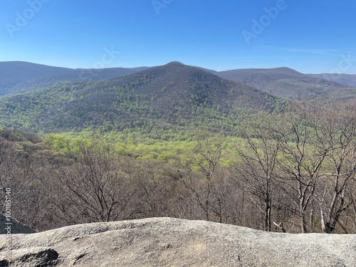 From Old Rag Mountain, the lush green valley below stretches endlessly, with dense forests and rolling hills painting a vibrant landscape. The breathtaking view captures the serenity of Shenandoah’s  photo