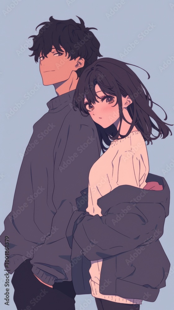 Young couple standing together in anime styl Young couple standing together in anime styl