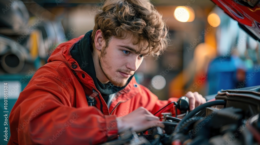 A student carefully examining a car's engine bay with a diagnostic tool, displaying concentration and engagement in the task A student carefully examining a car's engine bay with a diagnostic tool, displaying concentration and engagement in the task