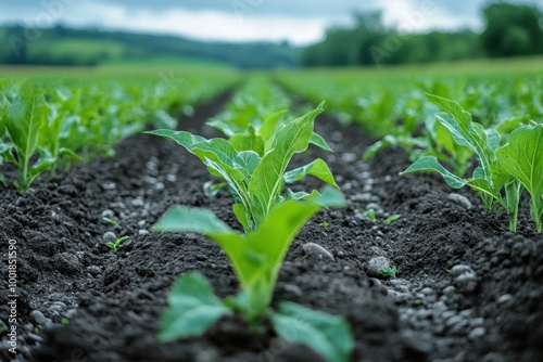 Young Green Plants Growing in Fields Under a Cloudy Sky with Fresh Soil photo