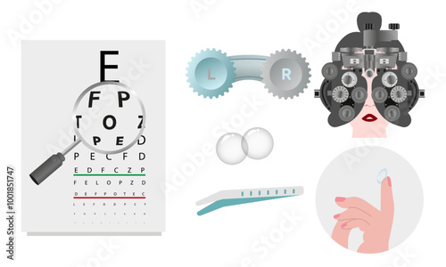 Ophthalmology oculist set vision correction eye anatomy with exam table 