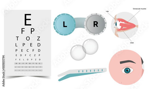 Ophthalmology oculist set vision correction eye anatomy with exam table 