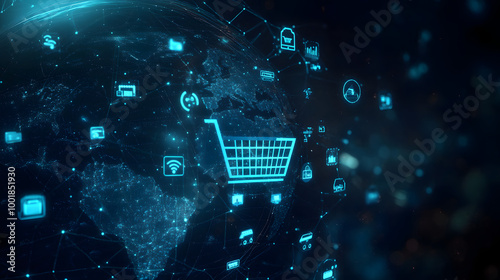 illustration of shopping cart with goods international order concept, online home shopping concept e-commerce, holiday gifts celebration presents buy purchase event christmas connection web