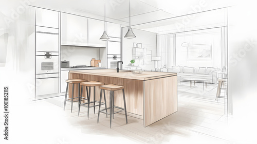 Home house apartment design sketch contemporary luxurious cozy modern wooden kitchen living room area construction interior architect drawing furniture