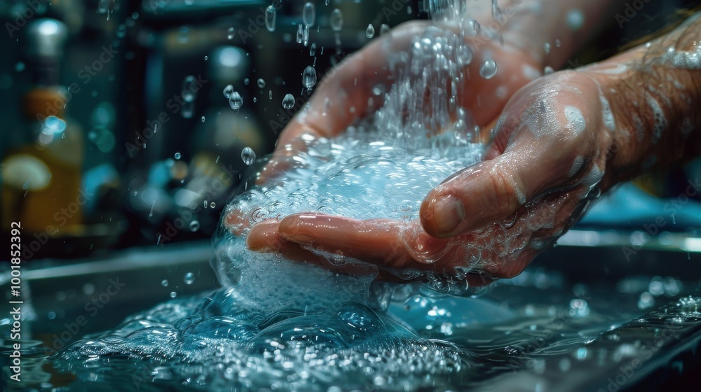 Fototapeta premium Soapy hands being rubbed together, emphasizing the bubbles and cleanliness