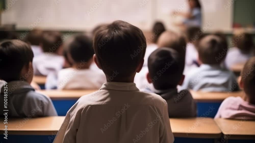 Group of elementary school students sitting in a classroom at desks, listening to their teacher giving a lesson at the front of the room Group of elementary school students sitting in a classroom at desks, listening to their teacher giving a lesson at the front of the room