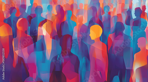 abstract digital illustration large group people standing together crowded vibrant colors colorful red blue orange purple dynamic background social gathering united stress collaboration