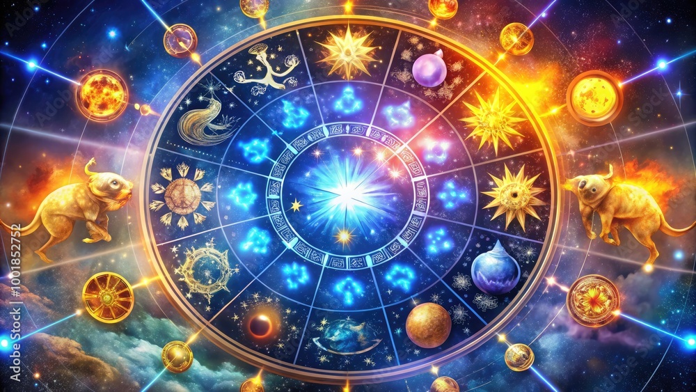 custom made wallpaper toronto digitalVibrant Birth Sign Illustration Featuring Zodiac Symbols, Constellations, and Celestial Elements