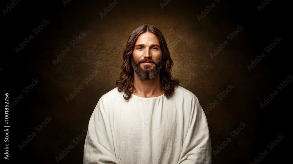 Jesus in a serene moment, focusing on his compassionate expression, enhanced by warm, ethereal lighting and earth-tone backgrounds Jesus in a serene moment, focusing on his compassionate expression, enhanced by warm, ethereal lighting and earth-tone backgrounds
