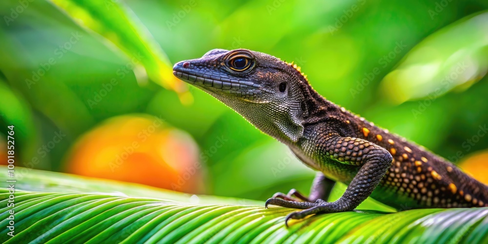 Fototapeta premium Vibrant Black Anole Lizard Perched on Green Leaves in a Lush Tropical Environment, Nature Close-Up