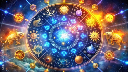 Wallpaper Mural Vibrant Birth Sign Illustration Featuring Zodiac Symbols, Constellations, and Celestial Elements Torontodigital.ca