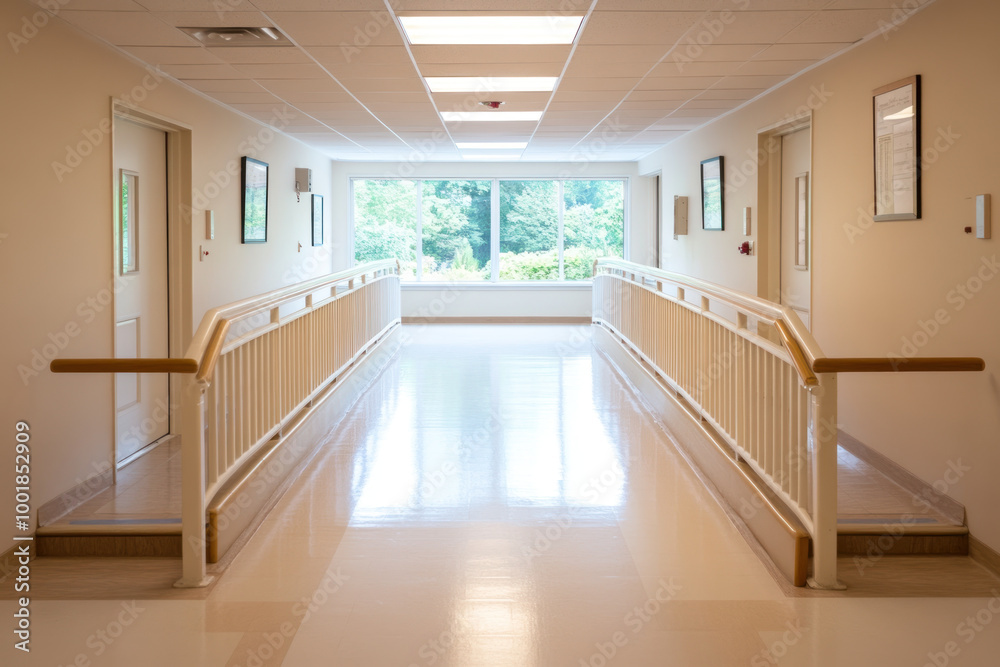 Obraz premium quiet nursing home hallway with handrails and soft lighting creates serene atmosphere.