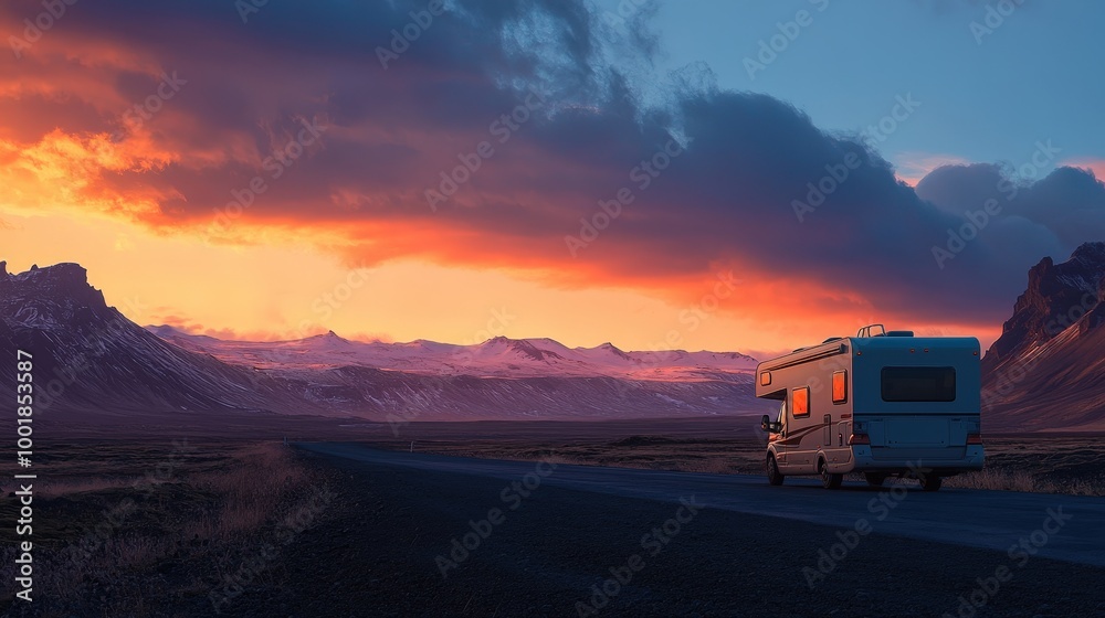 Sunset Adventure: RV Camper Van in Majestic Icelandic Landscape Sunset Adventure: RV Camper Van in Majestic Icelandic Landscape