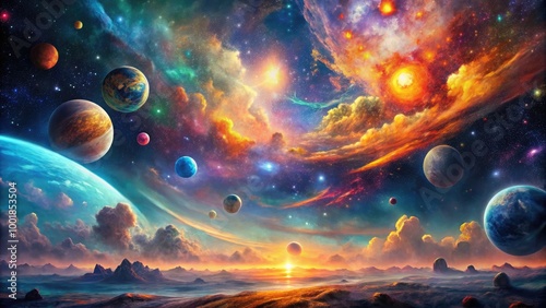 Vibrant Cosmic Landscape with Celestial Bodies and Colorful Nebulae Reflecting Life in Space