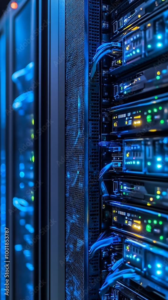 Dynamic modern data center showcasing illuminated server racks for optimal operation Dynamic modern data center showcasing illuminated server racks for optimal operation