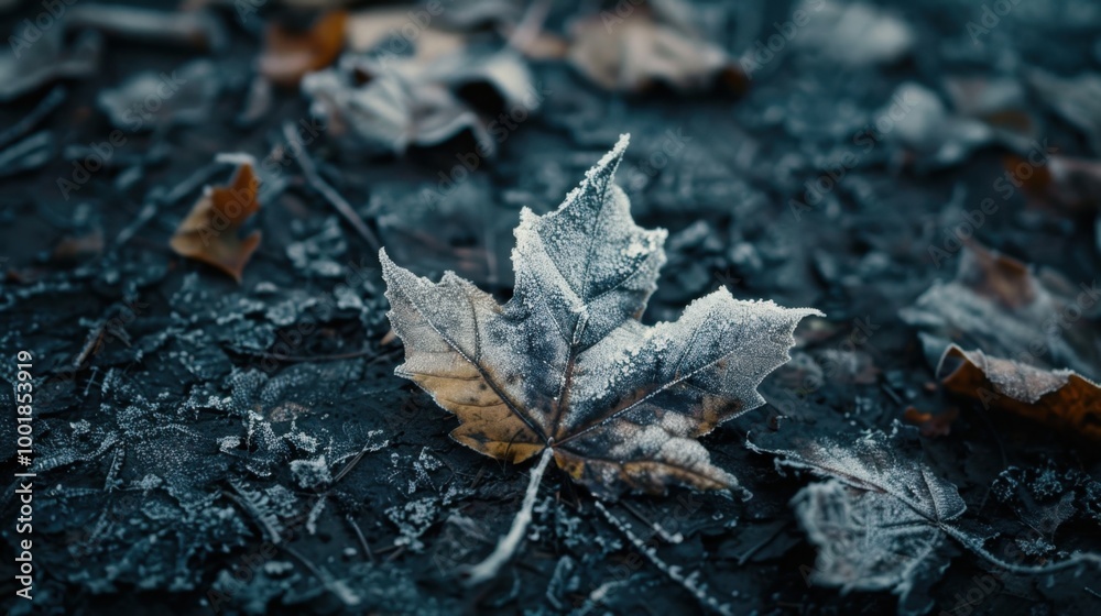 Frosted Leaf on Dark Ground in Winter Scene Frosted Leaf on Dark Ground in Winter Scene