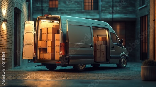 Professional Logistics Delivery Van with Open Doors Showcasing Cardboard Boxes Cargo in Ultra-realistic Detail photo