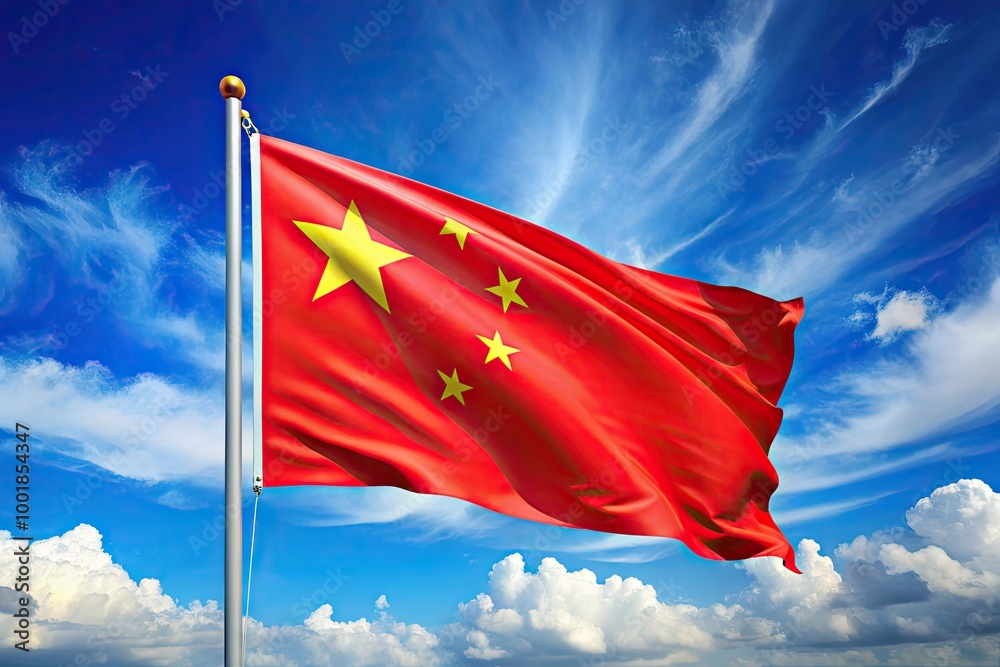 Vibrant flag of the People's Republic of China waving proudly against a clear blue sky background