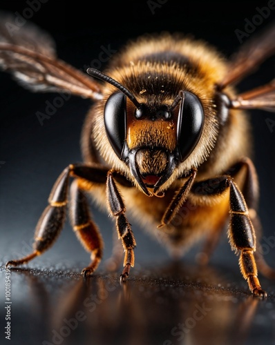 professional photo of honey bee with antenna in a dark room black background close up front view