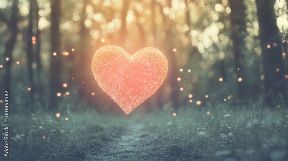 A radiant heart hovers in a mystical forest, illuminated by gentle light and surrounded by enchanting sparkles, capturing a tranquil atmosphere