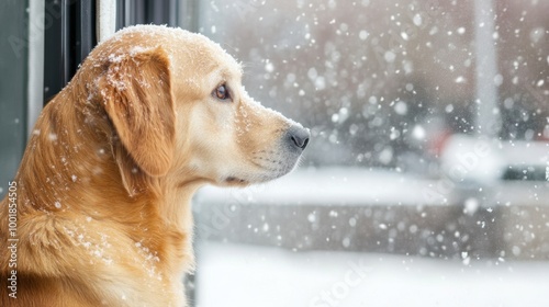 The golden retriever watches snowflakes gently falling outside the window, capturing the beauty of winter from indoors photo