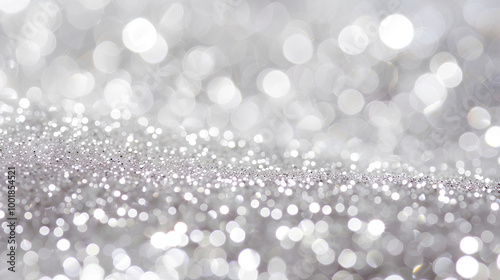 White glitter background with shiny silver sparkles, seamless pattern for wedding invitation or holiday party design. Glitter texture, sparkling stars on white paper surface.