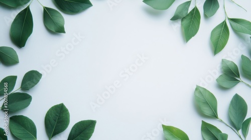 Green leaves form a decorative border around a pristine white background, perfect for showcasing text or images in a natural style