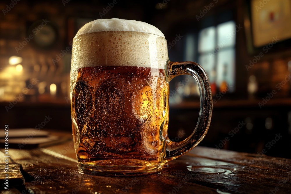 A frothy beer mug overflowing with foam on a rustic wooden table in a warm, inviting pub setting. Generative AI A frothy beer mug overflowing with foam on a rustic wooden table in a warm, inviting pub setting. Generative AI