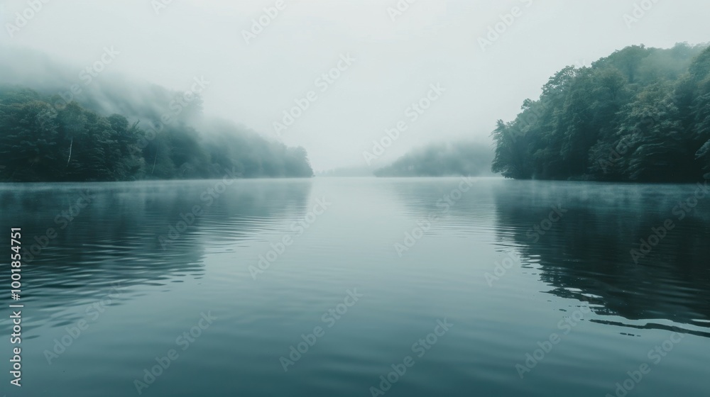 Misty Lake Surrounded by Lush Green Forests Misty Lake Surrounded by Lush Green Forests