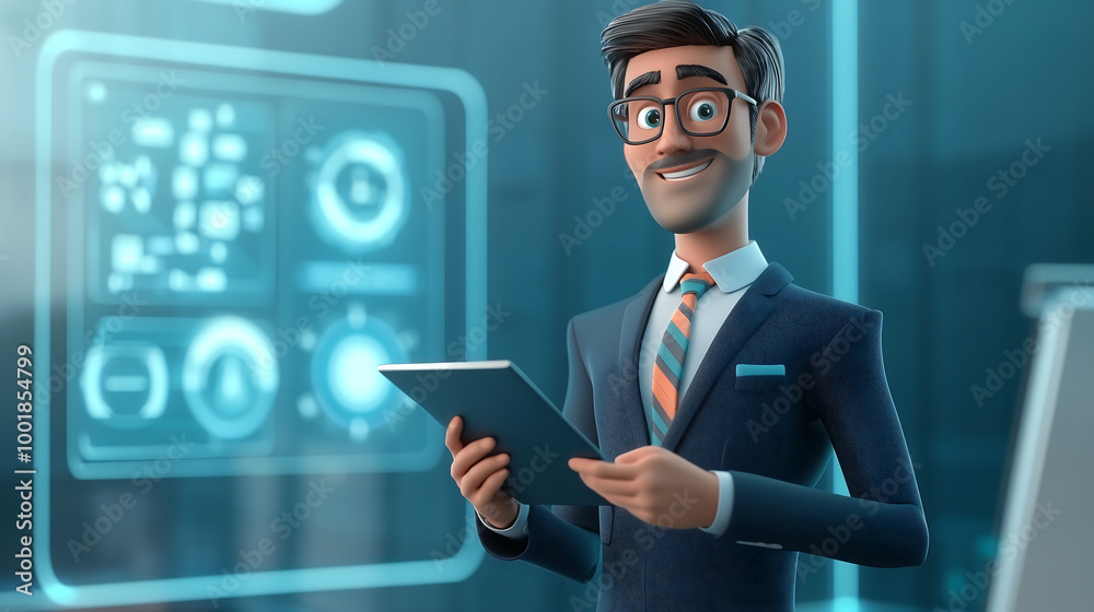 Modern professional business man using tablet in high tech office analyzing data with digital dashboards in the background