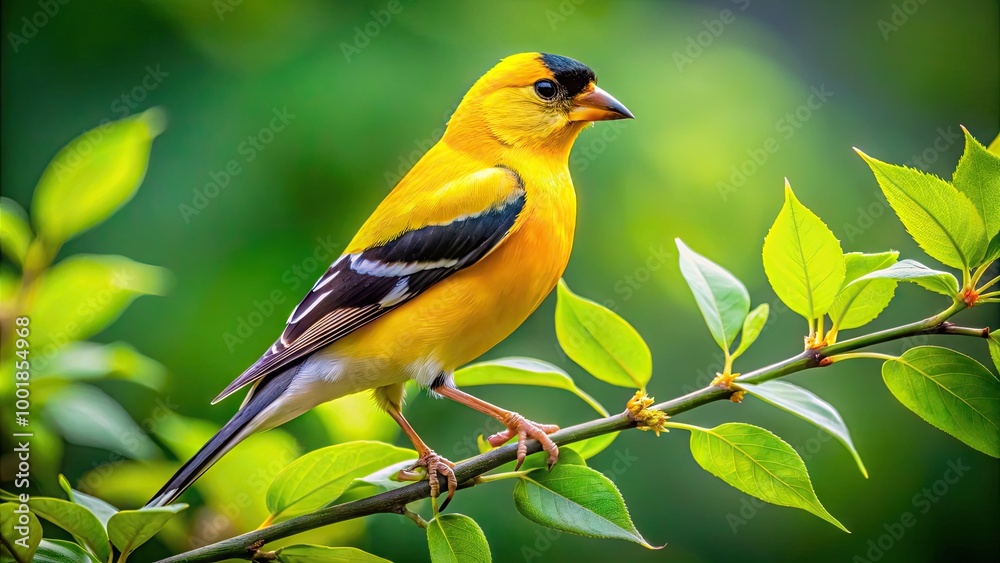 Obraz premium Vibrant Golden Finch Perched Gracefully on Branch Amidst Lush Green Foliage in Natural Habitat