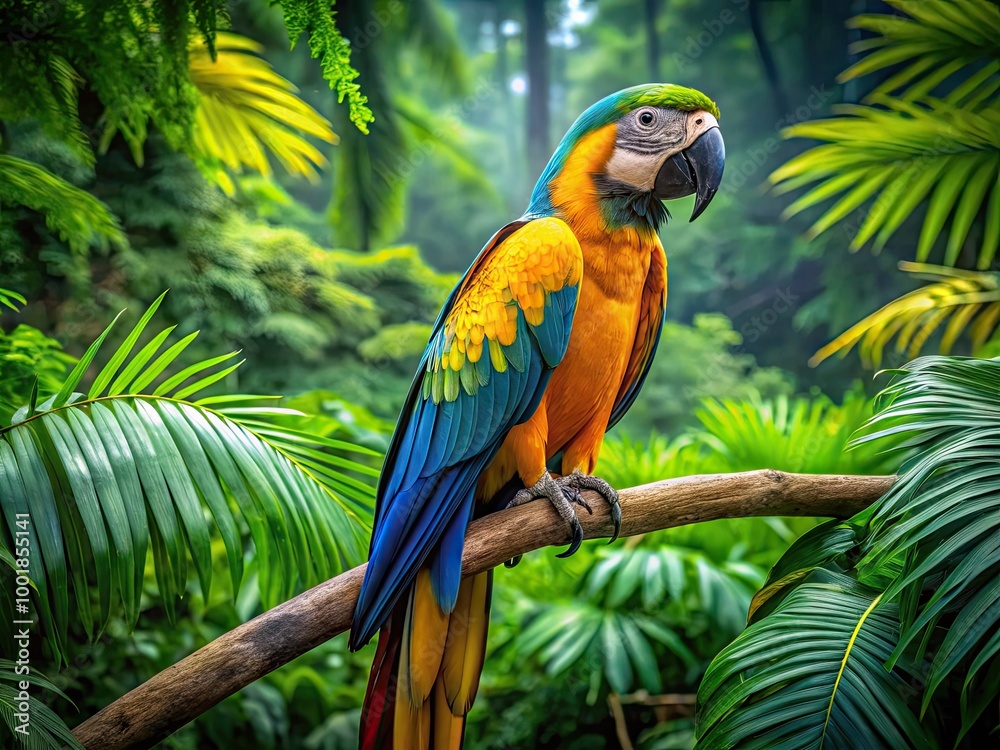 Obraz premium Vibrant Gold Macaw Perched on Branch Against Lush Green Background in Tropical Rainforest Setting