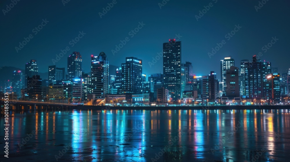 Night City Skyline with Reflections in Water Night City Skyline with Reflections in Water