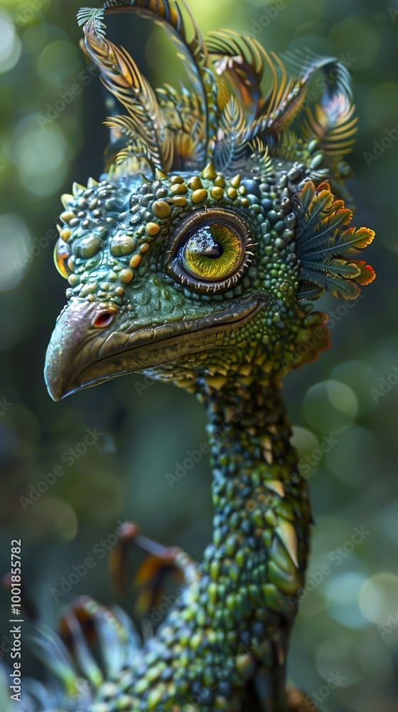 Obraz premium Fantasy Creature Portrait: Green Bird with Feathers
